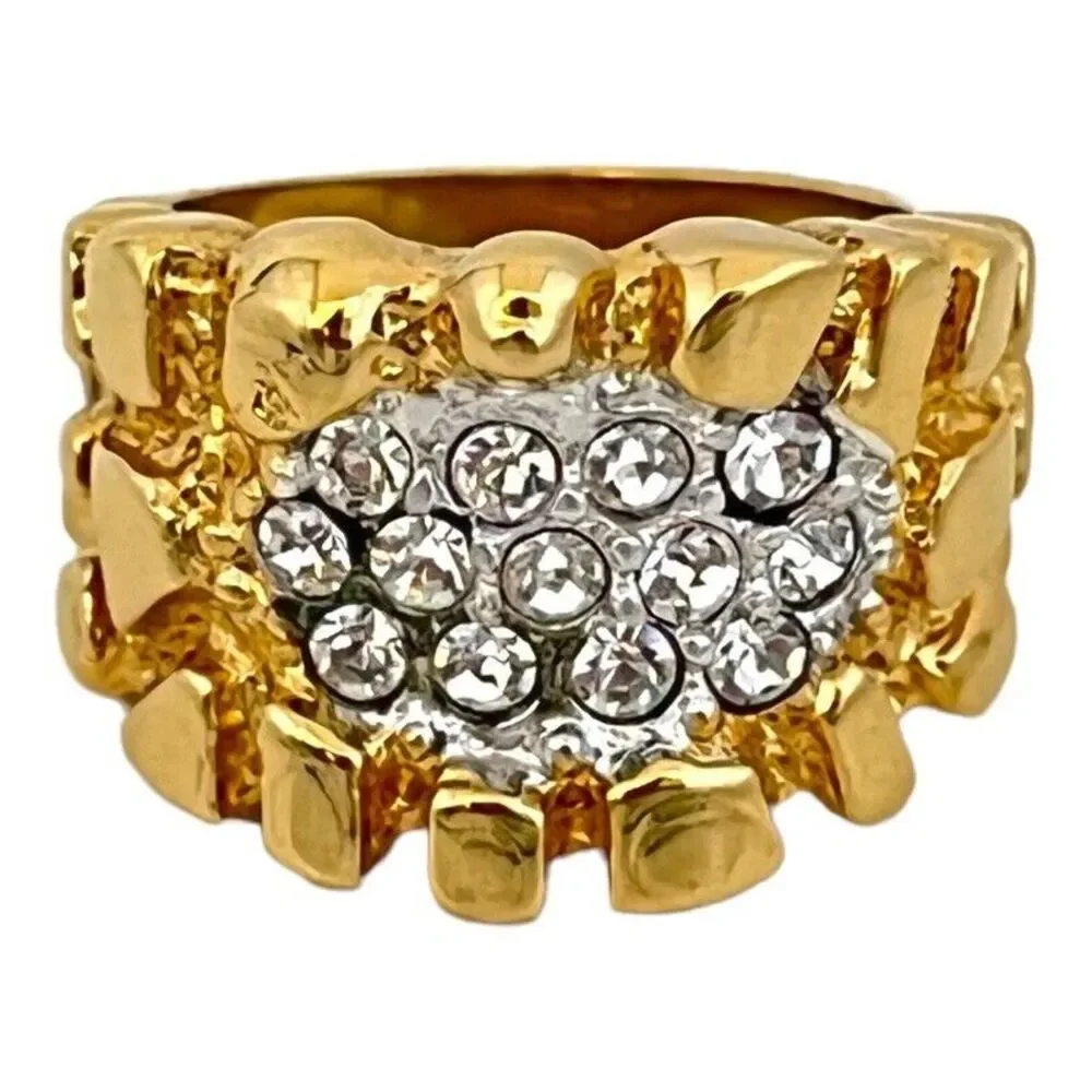 Vintage 1970s Nugget Ring Crystal Accents 14K Gold Plate Mens Size 9 - 5J